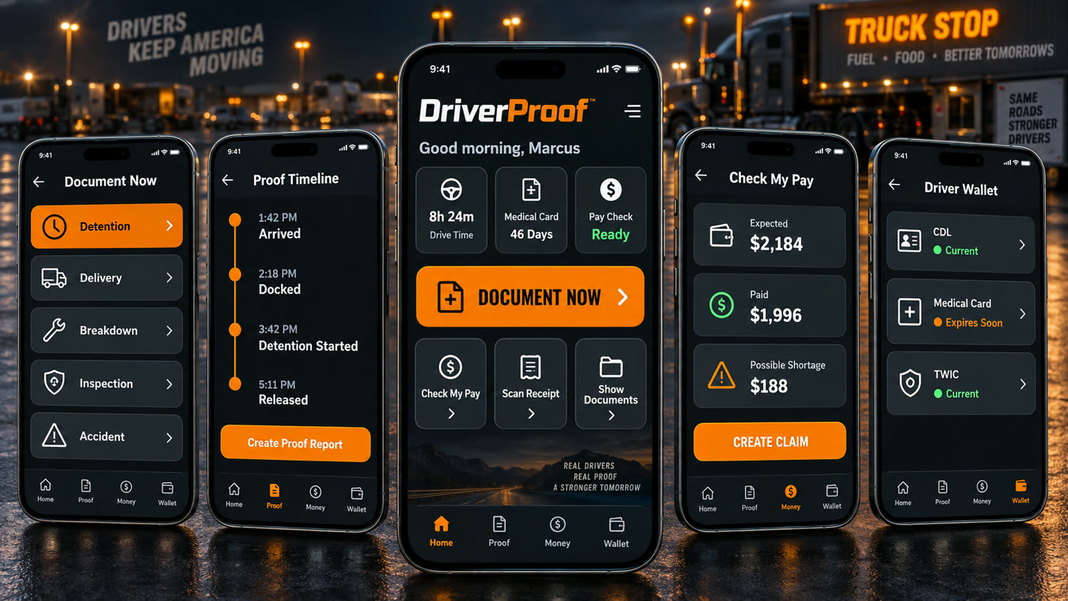 DriverProof on a phone: Document Now, the proof timeline, checking a pay stub, and the driver wallet.