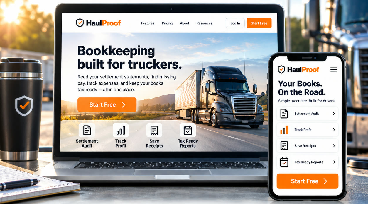 HaulProof open on a laptop and a phone on a truck-stop counter at sunrise, rigs parked behind