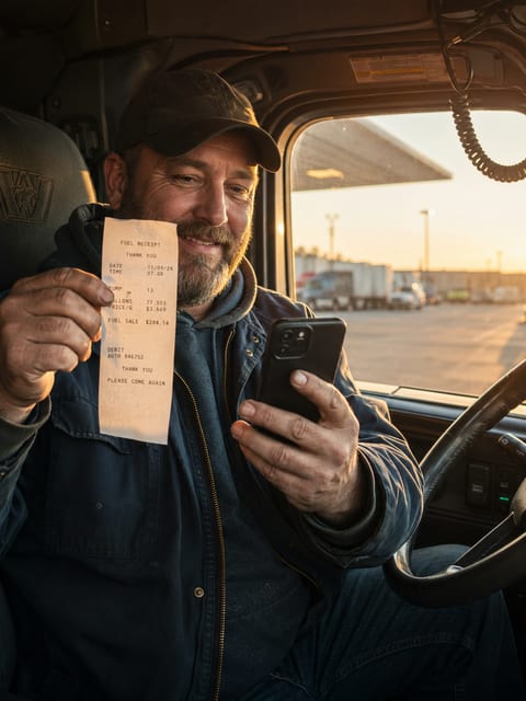 Owner-operator snapping a fuel receipt in the cab