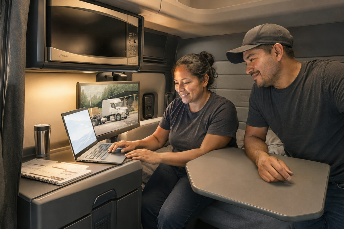 Un dueño operador y su esposa revisando los libros en la mesita del sleeper