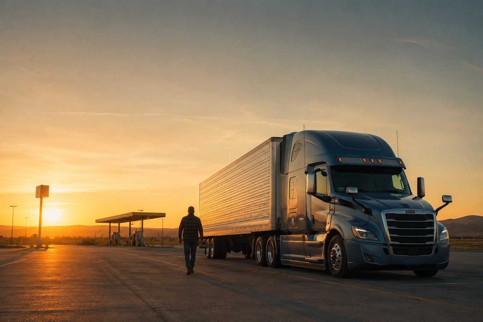 Semi-truck at a truck stop at golden hour