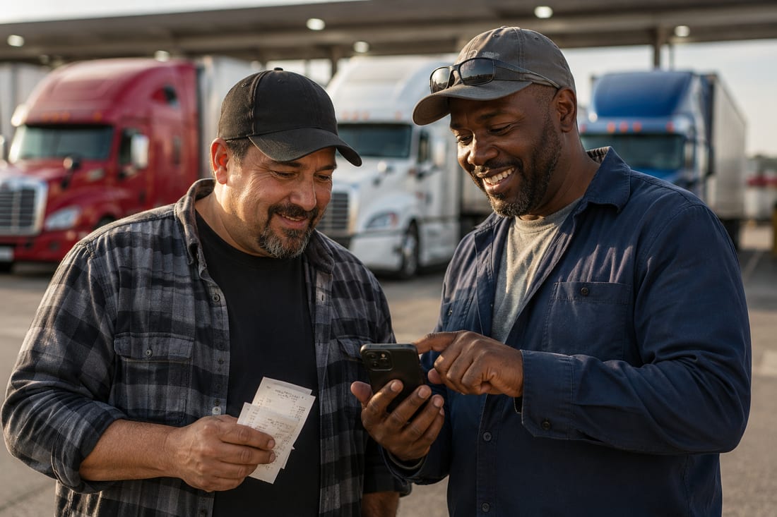 Two owner-operators comparing notes on a phone at a truck stop