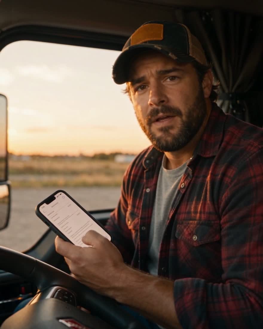 Wes en el asiento del conductor al final de la semana, revisando su settlement en el teléfono