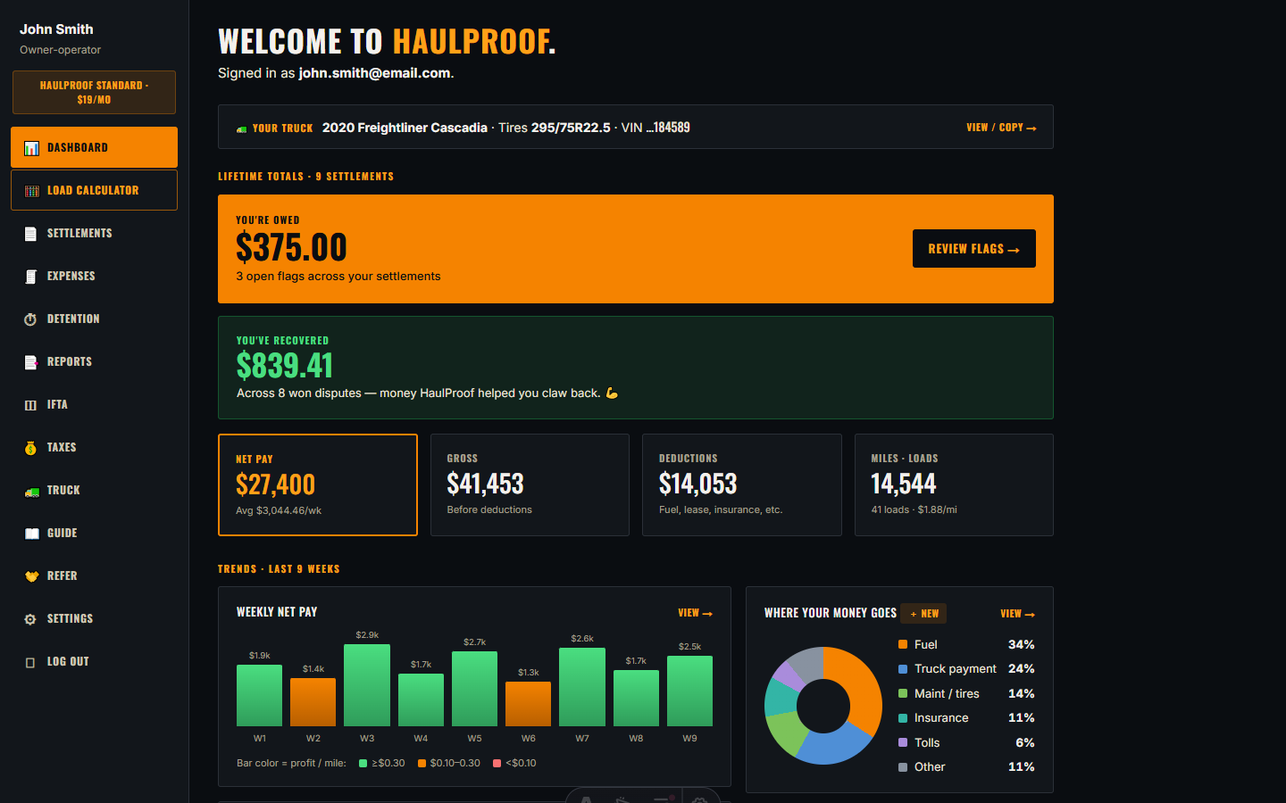 HaulProof dashboard on desktop — John Smith's account